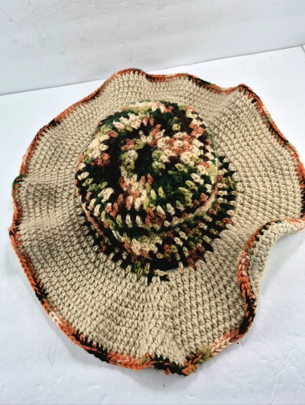 Handmade Boho Crochet Wide Brim Hat Camo Earth Tone Floppy festival Hat 70s Vibe